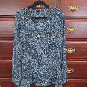 🔥Rafaella Black, Blue, And White Paisley Long Sleeve Blouse